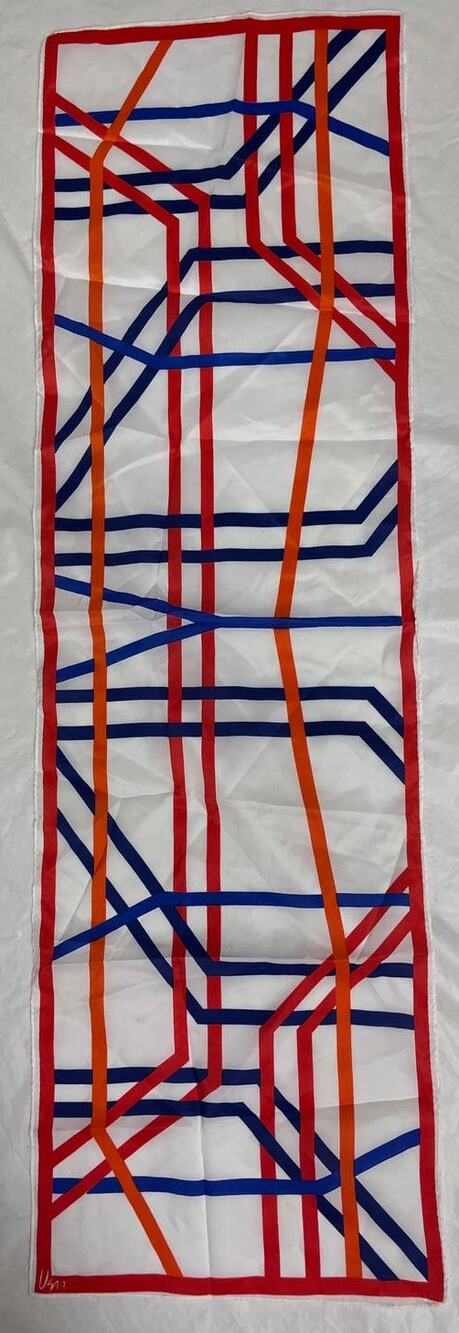 Vintage VERA Neumann Scarf ~  Signed ~ Red, Blue & Orange ~ 13" x 44"